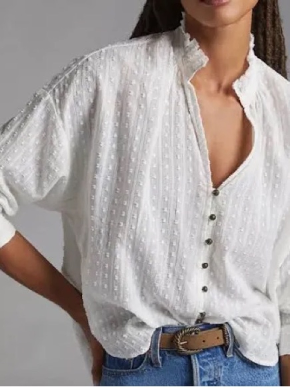 Anthropologie Pilcro Metallic Swiss Dot Button Down Blouse White XS Boho
